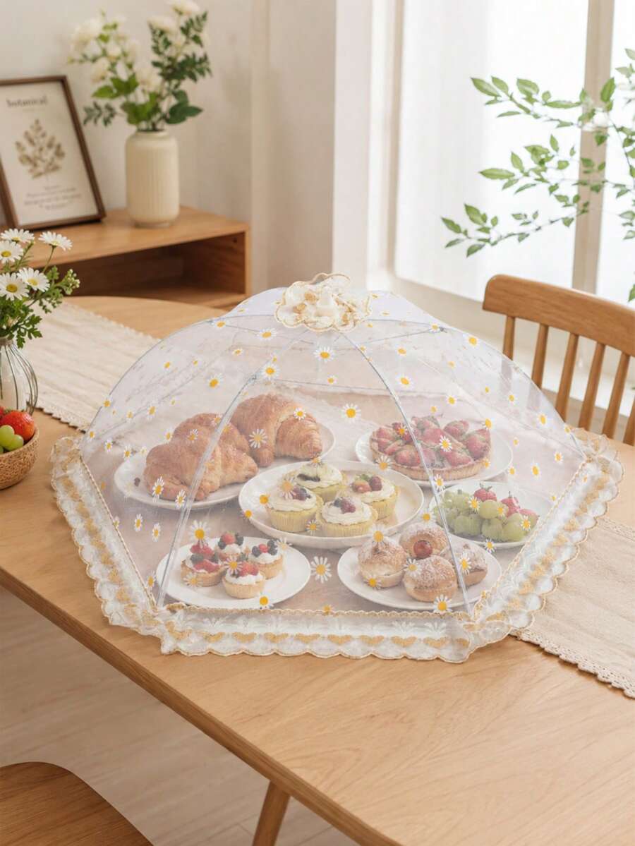 1件裝簡約可折疊網狀食物蓋，刺繡雛菊圖案食物蓋，嬰兒房收納裝飾，防蠅防塵，廚房用品，食物保護蓋，適用於露營、收納、派對與戶外用餐，房間裝飾，嬰兒洗禮，夏季用品，居家用品