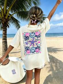 Girls Summer "Ocean Season" Starfish & Shell Print T-Shirt, Casual Round Neck Beach Style Short Sleeve Top - Apricot - View 9