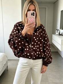 Women's Casual Loose Jacket For Early Autumn And Early Spring, Brown Polka Dot Zipper Design, Versatile Daily Jacket For Vacation, Suitable For Commuting And Shopping - Brown - View 5