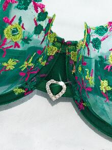 Conjunto de 2 Peças Plus Size Verde Esmeralda com Bordado Floral, Sutiã com Aro de Tule Transparente + Calcinha, Estilo Fantasia de Halloween, Lingerie de Dormir para Outono/Inverno - Verde - Visão 3