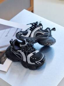 Black & Silver Tech-Style Kids' Shoes, Spring/Autumn Mesh Breathable Lightweight Thick Sole Baby Running Outdoor Versatile Chunky Sneakers - Black - View 5