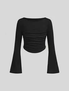 Girls' Solid Color Ruffle Flare Long Sleeve Cropped Top, Round Neck Slim Fit Casual T-Shirt, Tween Girl Y2K Style Short Cover Up - Multicolor - View 3