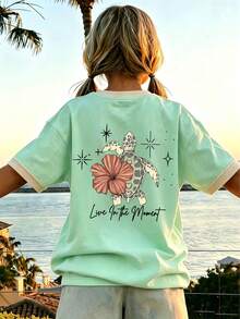 Tween Girl 1pc Tropical Sea Turtle Vacation Print Colorblock Short Sleeve Pullover T-Shirt, Student Youth Tween Girl Summer Top - Mint Green - View 2