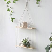 1 pieza Colgante de pared de macramé estilo bohemio, estantería decorativa de 2 niveles para almacenamiento de pared, tapiz decorativo para sala de estar, dormitorio, fondo de pared, estantería de almacenamiento con borlas, decoración de pared de arte de fibra, hecho a mano, tejido de encaje, tabla de madera de doble capa - Sin decoración - Beis - Ver 7