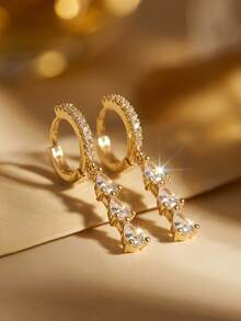 CHICAT 1 Pair Delicate Water Drop Zirconia Dangle Earrings, Gold-Tone Faux Diamond Hoop Ear Clips For Women - Gold Teardrop Pendant Earrings - View 5