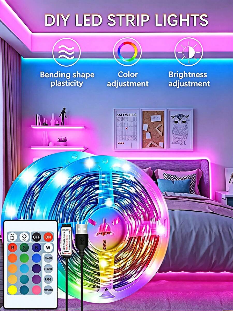 USB DIY Backlight TV Light Strip, 3.28FT~100FT Multicolor LED Strip With Remote Control, Suitable For Kids, Baby Room, Home Wall, Bedroom, Hallway, Garden Bar Decoration, Bedroom, Ceiling, Party Atmosphere Light, Halloween Atmosphere Light, Christmas Gift. Girls Room Decoration! 3.28FT/1M Size Is Shorter, Please Choose According To Your Actual Needs When Purchasing. The Built-In Adhesive Cannot Be Stuck On Rough Walls, Please Be Careful When Pasting! - Multicolor - View 1