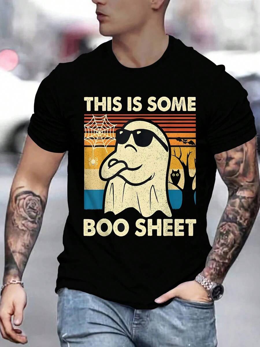 Black Short-Sleeved T-Shirt With Vintage Print By Quirky Ghost, A Fun And Modern T-Shirt For Halloween. - 黑色 - 查看 1