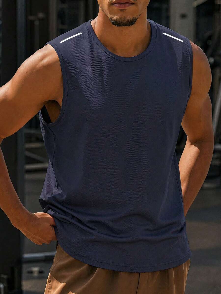 Herren ärmelloses Sport-Tanktop, atmungsaktiv, schnelltrocknend, mit reflektierendem Muster, Rundhalsausschnitt, Fitness, Laufen, Freizeitweste für den Sommer - Blau - Übersicht 1