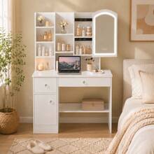 White Sliding Mirror Vanity Desk Set With Storage Stool, Makeup Dressing Table With 5 Drawers, Hidden Mirror Cabinet, Side Organizer Shelves, Modern Beauty Station Furniture For Bedroom - White - View 8