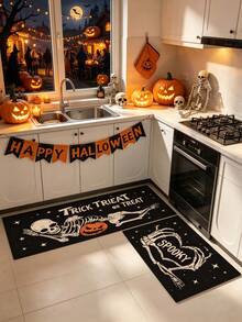 1/2pcs Halloween Kitchen Decor Rug, Skeleton Pumpkin Kitchen Rug And Mat, Non-Slip Washable Absorbent Kitchen Accessory Decorative Floor Mat - Multicolor - View 2