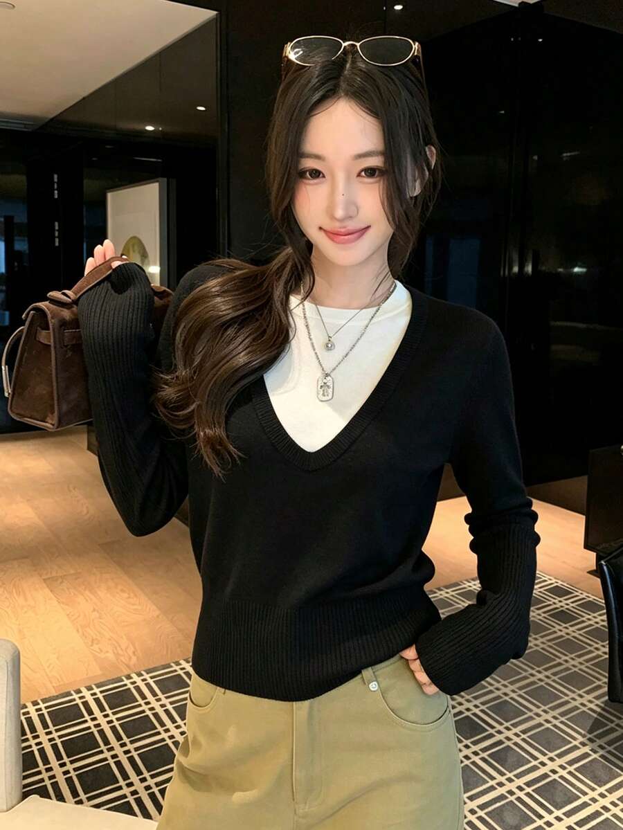 Korean Style Atmosphere 2 In 1 Knit Sweater Women Spring Autumn Black & White Colorblock V-Neck Cinched Waist Short Cropped Sweater Commute Fall - Black - View 1