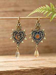 1 Pair Vintage Gothic Style Enamel Sun Moon Heart Teardrop Pendant Earrings, Women's Versatile Daily Casual Date Party Jewelry - Earrings - View 5