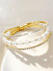 1/10pcs 3-Layer Fashion Elegant Rhinestone Inlaid Cross Shiny Bling Bling Faux Pearl Spaced Stackable Wrap Elastic Open Cuff Bracelet For Women, Party, Evening, Wedding, Gift - B3-13 - View 6