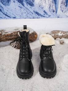 Botas de tobillo de invierno nuevas para mujer, botas de media pantorrilla con forro térmico, diseño con cremallera lateral y cordones delanteros, botas de invierno para exteriores, adecuadas para salidas diarias de invierno, botas negras - Negro - Ver 7