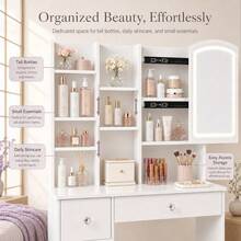 White Sliding Mirror Vanity Desk Set With Storage Stool, Makeup Dressing Table With 5 Drawers, Hidden Mirror Cabinet, Side Organizer Shelves, Modern Beauty Station Furniture For Bedroom - White - View 6