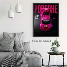 Pink Porsche 911 GT3 R R-OXY Vertical Canvas Poster, Dark Gradient Background Top Down Race Car Shot Big Bold "PORSCHE" Text Print, Unframed Wall Art For Car Enthusiast Garage Bedroom Decor - A - View 2