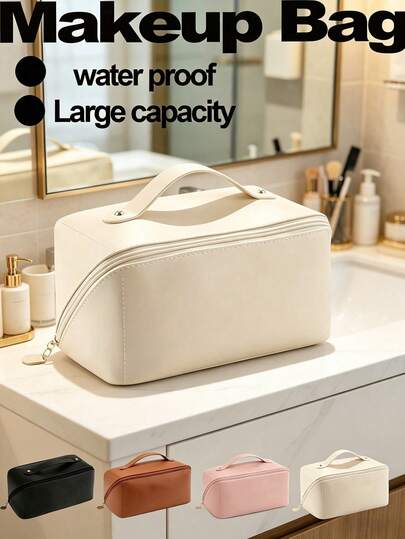 1pc Summer Travel Makeup Bag, PU Leather Cosmetic Bag, Large Capacity Organizer Bag, Multifunctional Waterproof Toiletry Bag For Lipstick, Eyebrow Pencil, Perfume, Makeup Brushes, Watch, Phone, Travel Essentials, Travel Accessories, Cruise Essentials, Beach Essentials, Bridesmaid Gift, Birthday Gift, Mother's Day Gift, Wedding Gift, Gift For Her