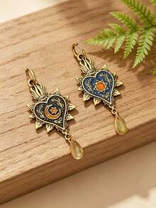 1 Pair Vintage Gothic Style Enamel Sun Moon Heart Teardrop Pendant Earrings, Women's Versatile Daily Casual Date Party Jewelry - Earrings - View 2