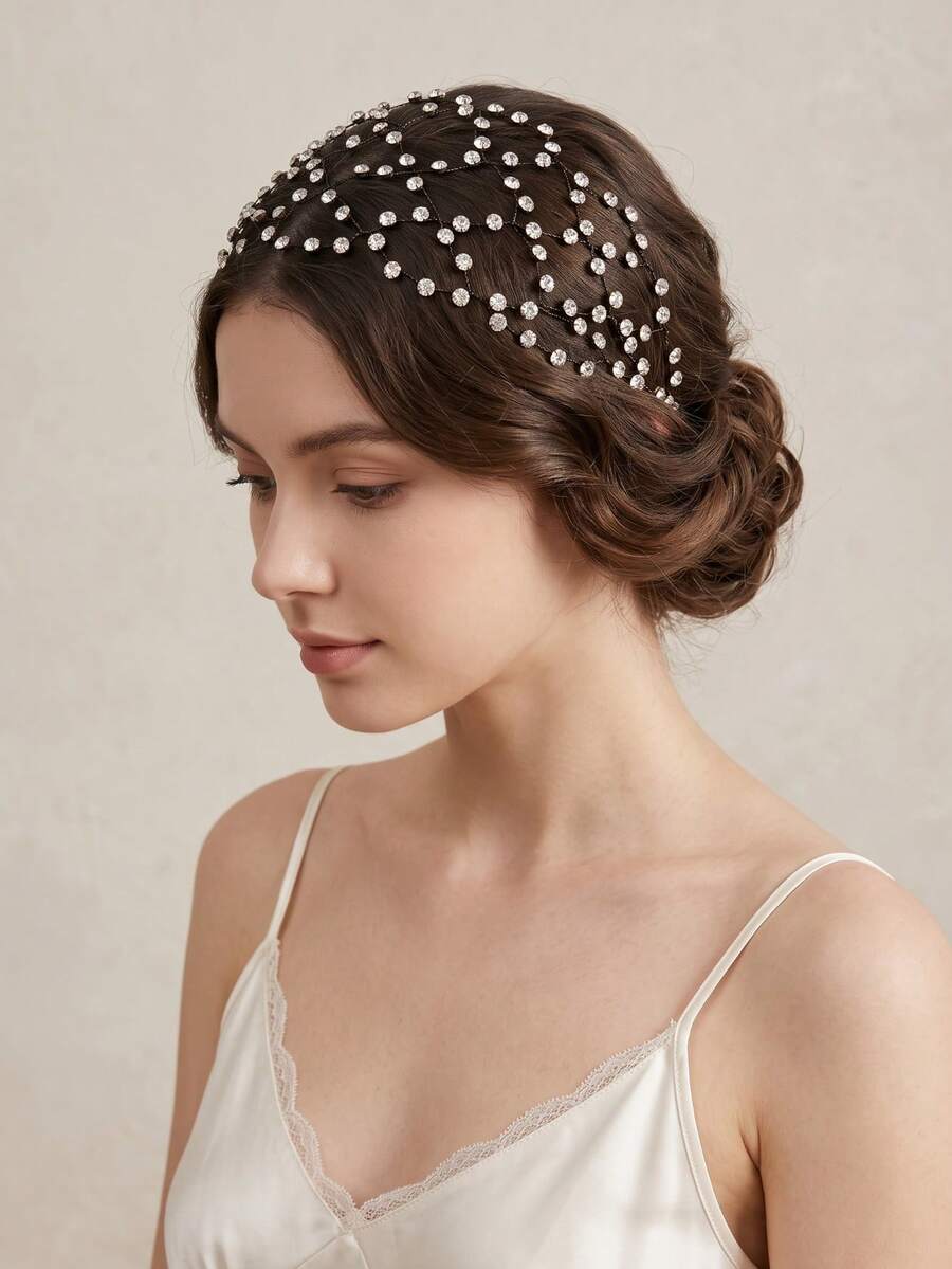 1pc Women's Vintage Rhinestone Hollow Hair Net Head Chain, Shiny Mesh Woven Full Rhinestone Headpiece, Elegant Bridal Wedding Evening Party Hair Accessory, Gothic Halloween Dark Element Women's Hair Accessory