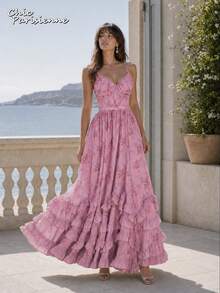 Pink Purple Floral Chiffon V-Neck Backless Tiered A-Line Maxi Dress - 粉紅紫 - 查看 4