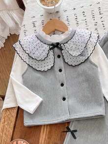 Girls' Mesh Embroidery Oversized Collar Knit Vest, Ruffle Trim Mock Neck Fashion T-Shirt, And 3D Bow Knit Loose Shorts - Grey - View 3