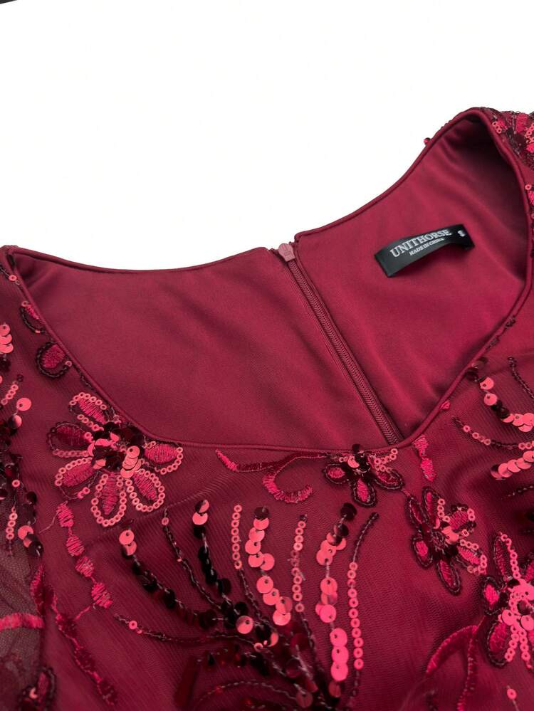 Women's Sequin Mesh Embroidered Cinched Waist Bodycon Solid Color Elegant Glamorous Evening Party Dress - Burgundy - View 5