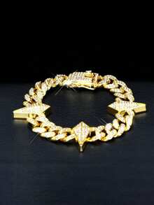 European & American Hip Hop Full Rhinestone Diamond Rhombus Spike Patchwork Cuban Chain Necklace & Bracelet Set, Heavy Rhinestone Studded Thick Chain, Unisex Rap Street Style Accessories, Gold & Silver Dual Colors Available - Spiked Cuban Link Chain - View 14