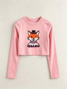 3pcs Tween Girl Light Pink Cropped Long Sleeve Tops DTG Print Hat Fox Lunar Fox Bonjour Tea Fox Dancing Deer Cotton Set - Pink + Pink + Pink - View 4