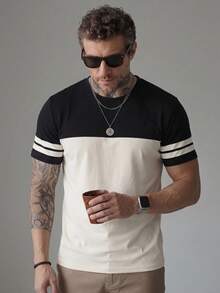 Men's Retro Contrast Color Round Neck Short Sleeve T-Shirt, New Design Patchwork Lightweight Summer Top - Apricot - View 2