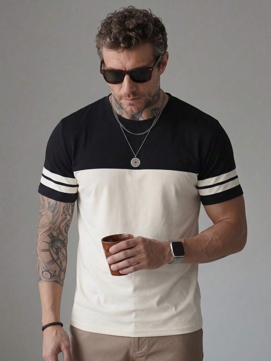 Men's Retro Contrast Color Round Neck Short Sleeve T-Shirt, New Design Patchwork Lightweight Summer Top