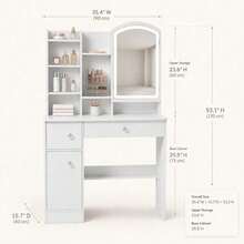 White Sliding Mirror Vanity Desk Set With Storage Stool, Makeup Dressing Table With 5 Drawers, Hidden Mirror Cabinet, Side Organizer Shelves, Modern Beauty Station Furniture For Bedroom - White - View 11