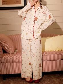 Gongdie 2pcs Miffy Women's Pajama Set, Spring/Autumn Cotton Cream White Textured Loungewear, Red Zigzag Trim With Star Print - Apricot - View 9