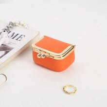 1pc Solid Color Gold Trim Litchi Grain PU Leather Jewelry Coin Earphone Storage Mini Pouch With Gold Ball Snap Button Closure, Sweet Vintage Style, Travel Commute Daily Carry Bag For Girls - Multicolor - View 9