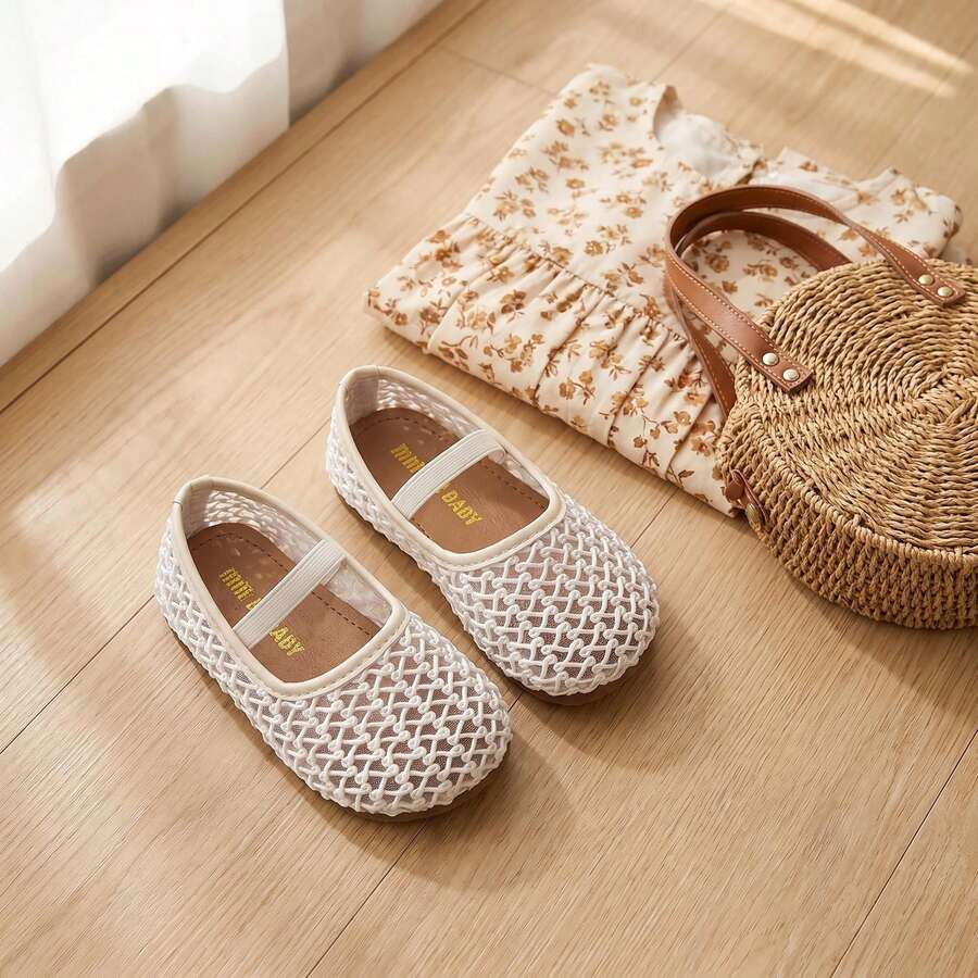 1 Pair Girls' Hollow Breathable Mesh Mary Jane Princess Shoes, Woven Breathable Non-Stuffy, Soft Sole Anti-Slip, Elastic Strap Anti-Slip Heel, Versatile For Spring/Summer, Perfect Match With Dresses For A Gentle Look