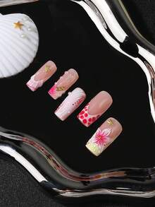 24pcs Medium Rectangular Y2K Hot Girl Style French Manicure Stickers, Icy Transparent Nude Base With White French Tips, Decorated With Stars, Crosses And Rhinestones, Suitable For Party And Disco, Create Exclusive Hot Girl Nail Art Look - Hot Pink - View 5
