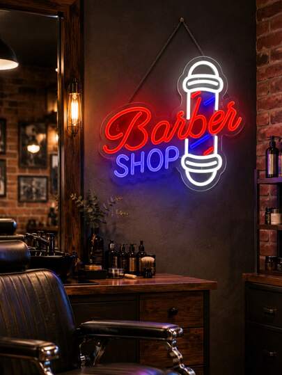 1 pieza Letrero de neón LED para barbería con cable USB, luz de neón en placa PS con diseño de poste de barbero, decoración de pared vintage roja y azul para salón, regalo de apertura de tienda
