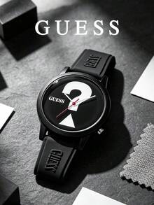 GUESS 啞光黑一體式錶殼 巨型問號錶盤 壓紋 Logo 矽膠錶帶 雙針中性石英手錶 V1041M2 - 黑色 - 查看 8