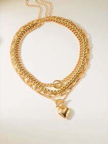 1 Set Kalung Multi-Layer Stackable OT Clasp Gold Bead Heart & Paperclip, Desain Halus untuk Pemakaian Sehari-hari dan Hadiah - MultiWarna - View 6