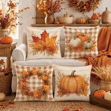 4pcs Minimalist Autumn Plaid Maple Leaf Pumpkin Berry Cushion Covers, Single-Sided Printed Peach Skin Velvet Polyester Material, 45*45/50*50CM Pillow Covers Suitable For Room Decor, Modern Minimalist Sofa Living Room Decoration, Gift Giving, Party Decoration - Multicolor - View 3