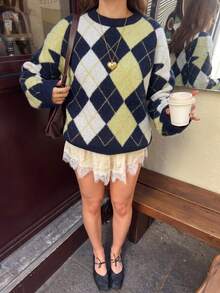 Women's Lace Patchwork Diamond Grid Casual Daily Knit Top - Multicolor - View 1