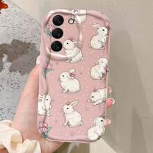 Creative White Rabbit & Flower Pattern Creamy Wavy Asymmetric Edge Protective Phone Case Compatible With Samsung A14/A15/A16/A17/A04/A05/A06/A07/A54/A55/A56/A57/A34/A35/A36/A37/S26/S26Plus/S26Ultra/Transsion SMART7/8/9/10/Honor 400/400Pro/200/200Pro/X7C/X8C/X9C/ 10C/13C - White - View 2