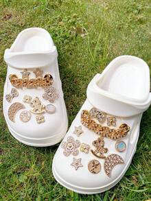 22pcs Gold Pony Moon Star Bow Shoe Charms DIY Detachable Shoe Decorations ABS Rhinestone Chain Shoe Accessories Suitable For Clogs Women Sandals Slippers Beach Shoes, Holiday Gift - Gold - View 3
