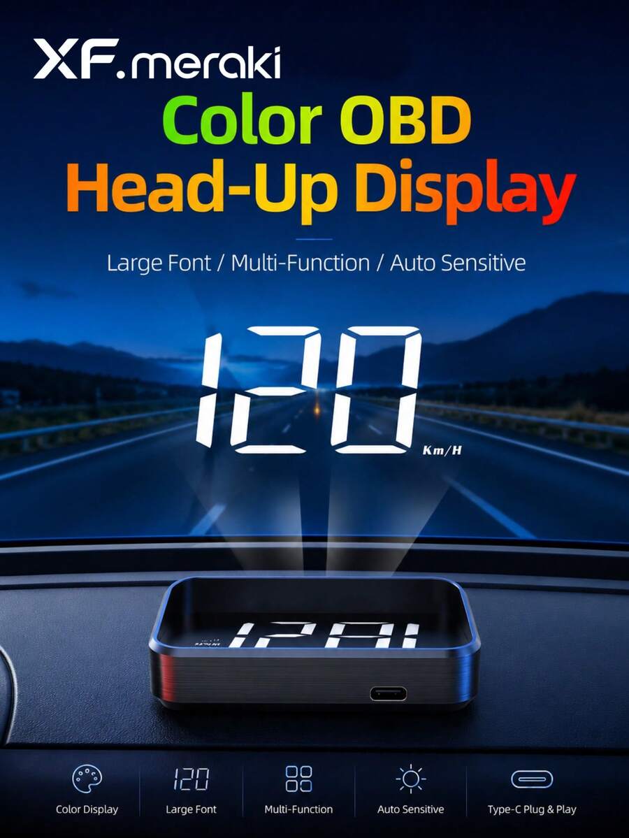 XF.Meraki Car Head-Up Display, Car Screen Projector, Windshield Speed Projection HUD With Speedometer, Auto Light Sensing, MPH Speed Unit Display, Suitable For All Car Models, Car Accessories