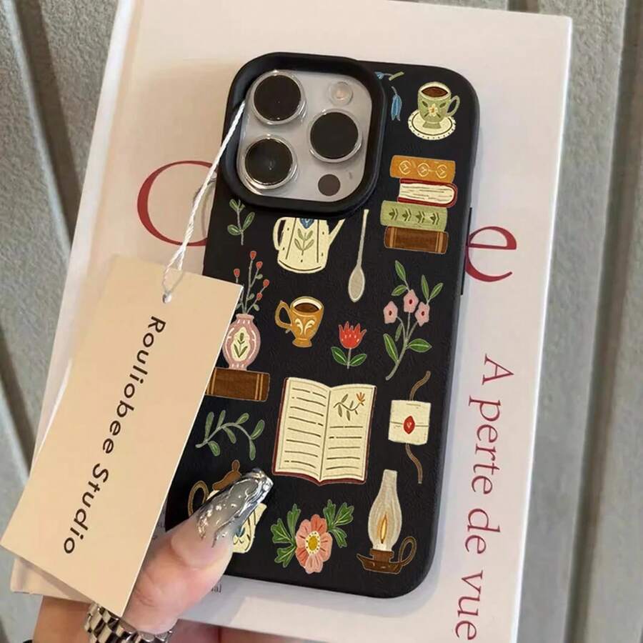 Phone Case For IPhone 11 12 3 14 15 16 17 Pro Max XS X XR 16E 16 Plus 17 Air Literary Floral Book Tea Set Pattern Silicone Cover - 黑色 - 查看 1