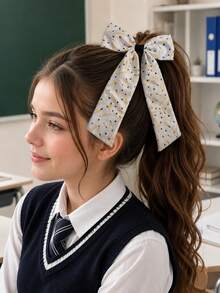 1pc Back To School White Long Tail Hair Bow For Girls Yellow Pencil ...