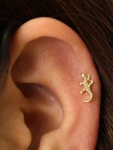 1Pc 925 Sterling Silver Fashion Lizard Nose Stud Flat Back Hypoallergenic Cartilage Body Piercing Jewelry For Women Men Daily Wear & Gifts - Gold - View 6