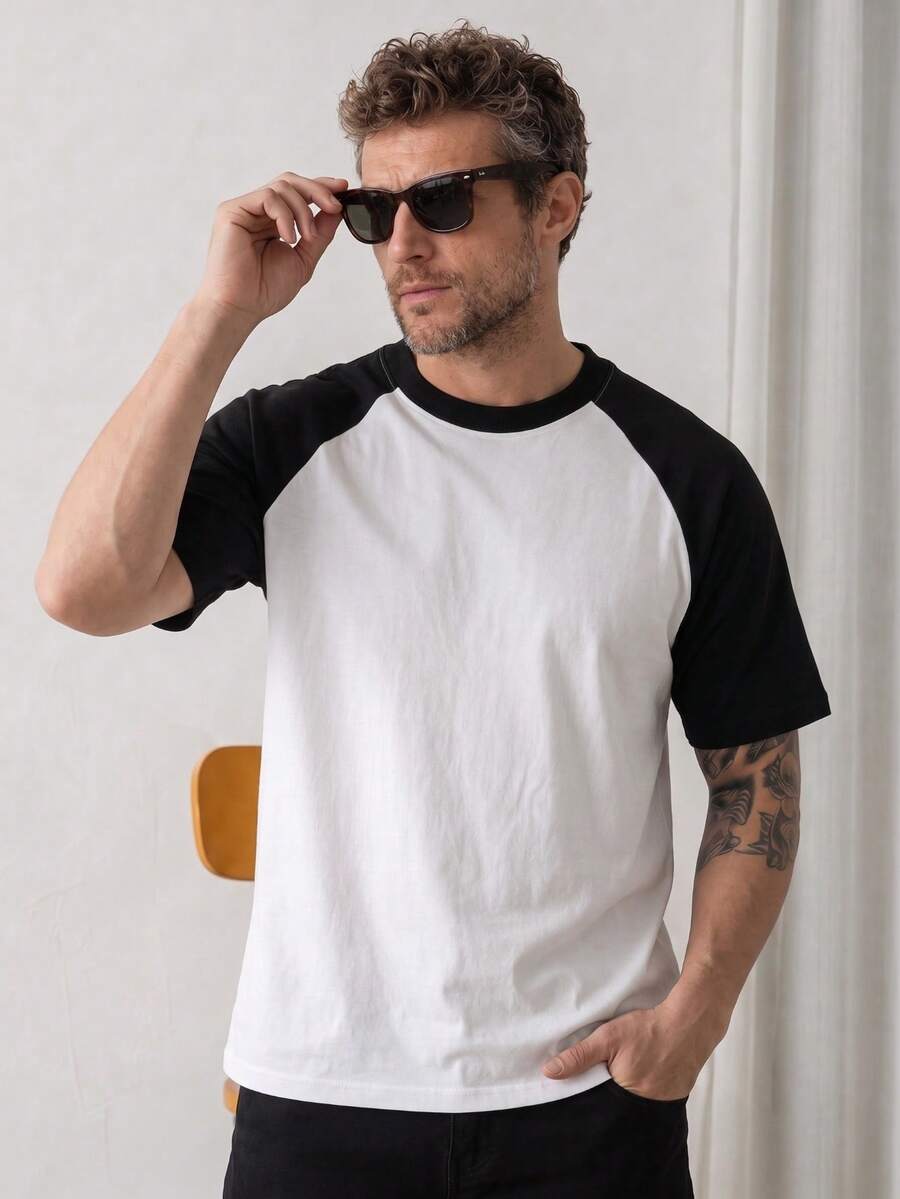 Camiseta de manga corta holgada de verano para hombre con manga raglán y cuello redondo, top retro con bloques de color y patchwork en negro y blanco