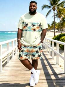 2pcs Set Plus Size Men's Coconut Tree Print Short Sleeve Shirt And Drawstring Shorts Set, Round Neck Tee With Breathable Soft Fabric, Cozy Outfits - Beige - View 2
