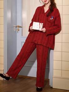 Gongdie 2pcs Disney Mickey Mouse Couple Women's Pajama Set, Spring/Autumn Burgundy Textured Loungewear With Cartoon Print And Tassel Trim - Red - View 3