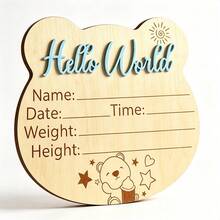 木製 Hello World 新生兒出生資訊牌，熊剪影寶寶公告牌，附 3D 凸起字母，可刻字可書寫嬰兒里程碑拍照道具 - 藍色 - 查看 2